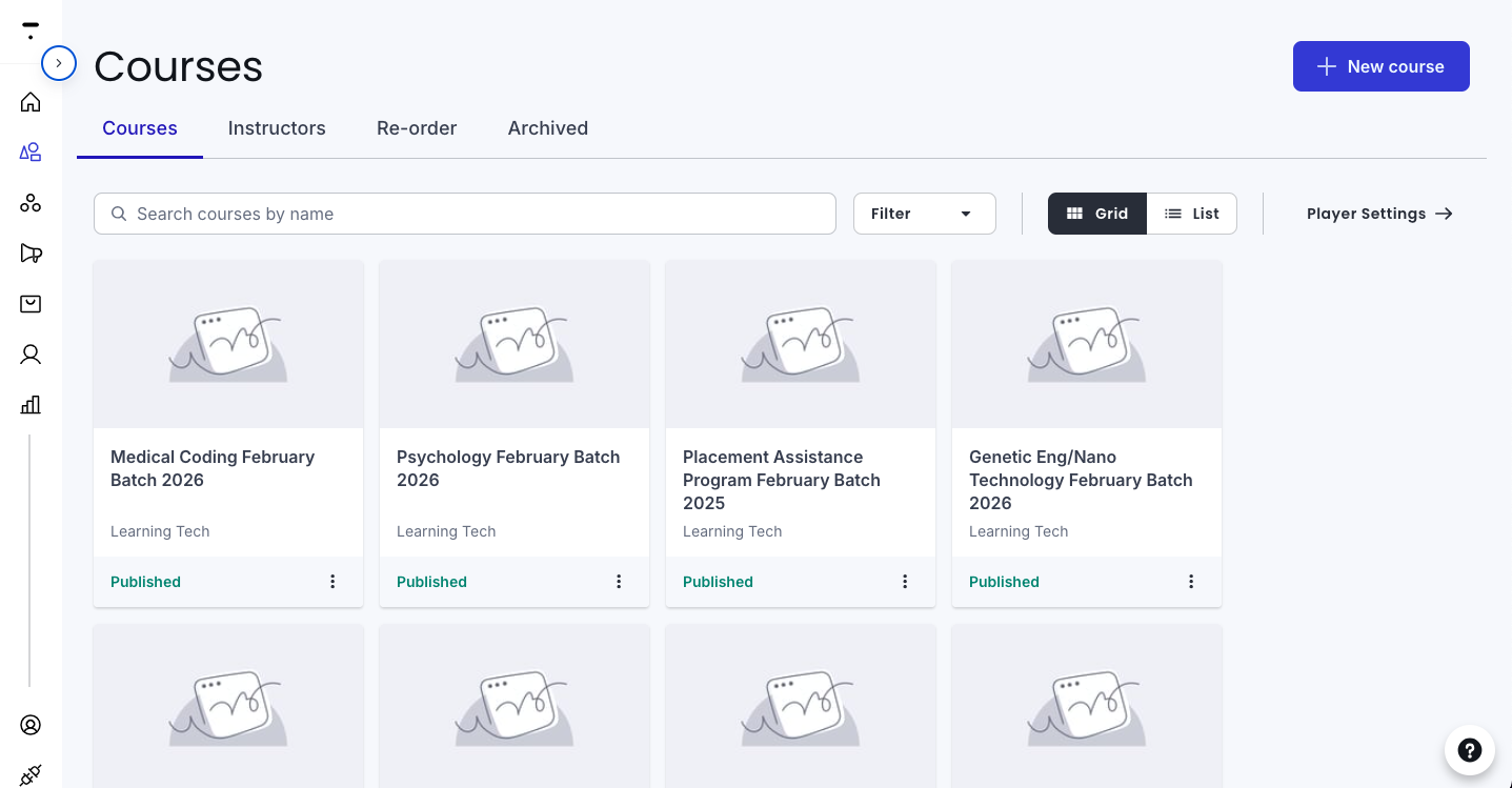 LMS dashboard showing courses and learner progress